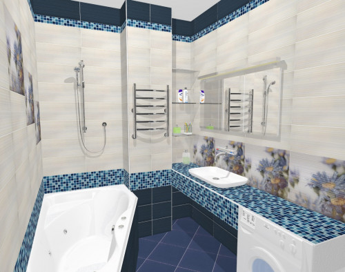 Интерьер сине-белой ванной комнаты: мозаика и цветочные панно