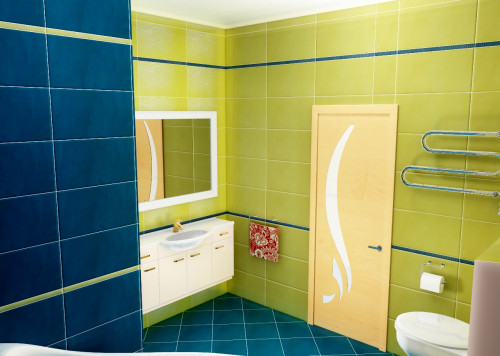 Летние краски в интерьере ванной: индиго и салатный