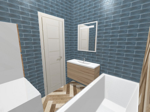 Сине-бирюзовая плитка и переливы бежевого «под дерево» в ванной комнате