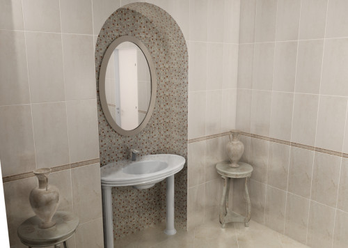 Ванная в античном стиле: пастельные бежево-розовые тона и мозаика