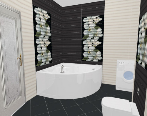 Cтильный черно-белый интерьер ванной с цветочными панно