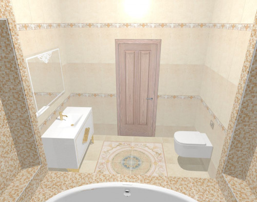 Мозаика и орнаменты в персиковых и серых тонах: пышная ванная