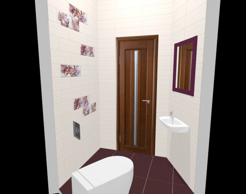 Интерьер туалета в современном стиле: бордовый цвет, полоска и цветы