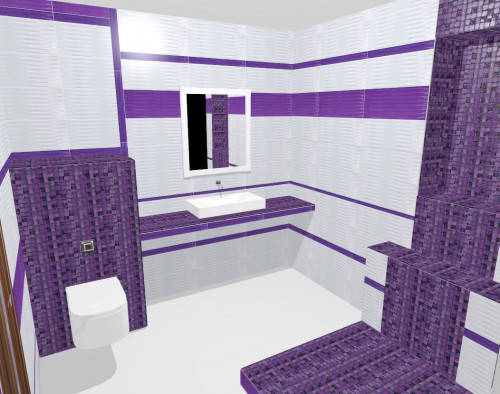 Интерьер ванной в современном стиле: белый + фиалковый 