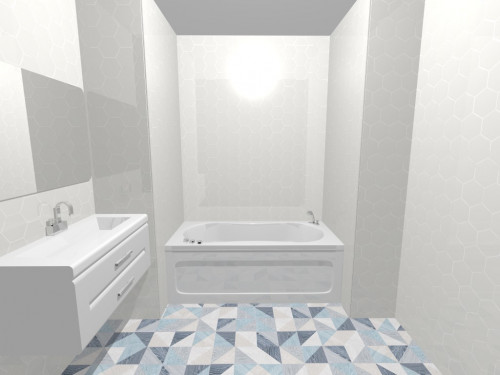 Белые стены и синие треугольники на полу: современный стиль