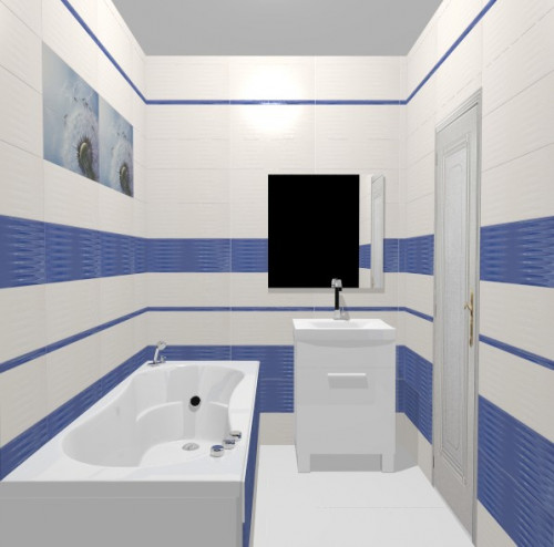 Ванная в современном стиле: сине-белое сочетание и панно с одуванчиками
