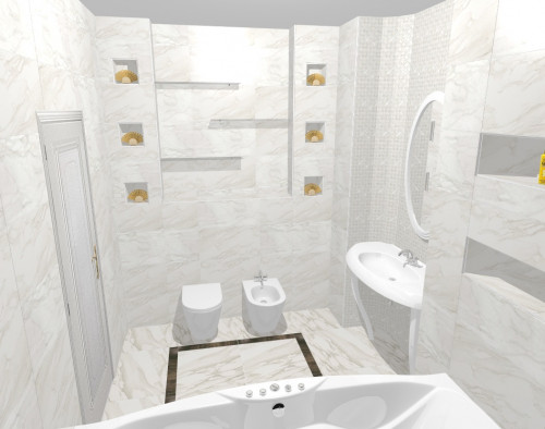 Дуэт перламутровой бежевой мозаики и белого мрамора в ванной