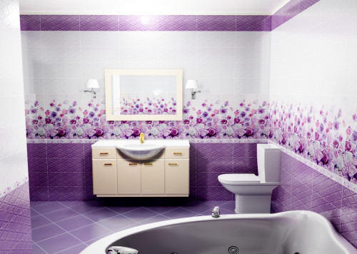 Ванная комната в стиле «романтик»: фиолетовые ромбы и белые розы