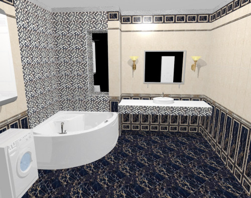 Дизайн интерьера просторной ванной комнаты в черно-кремовых тонах