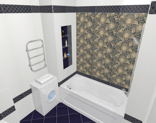 Интерьер маленькой черно-белой ванной с золотистыми цветами