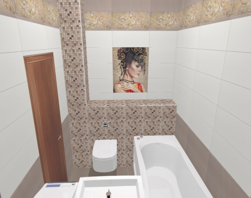 Компактная стильная ванная: золото, мокко, белый и панно