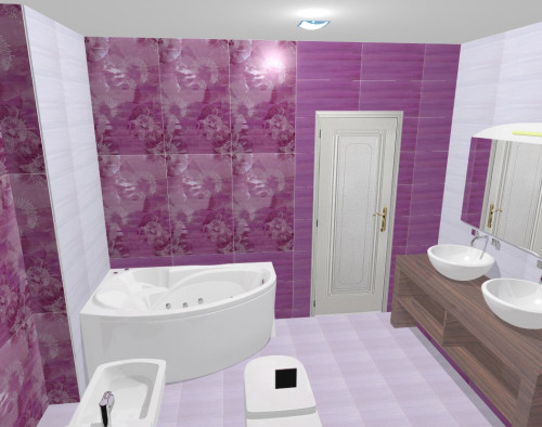 Лавандовый и фиолетовый цвета в мансардной ванной комнате