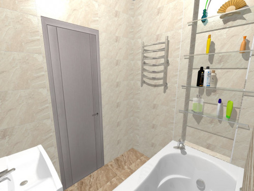 Серый и бежевый в ванной комнате: союз полоска и рисунка под мрамор