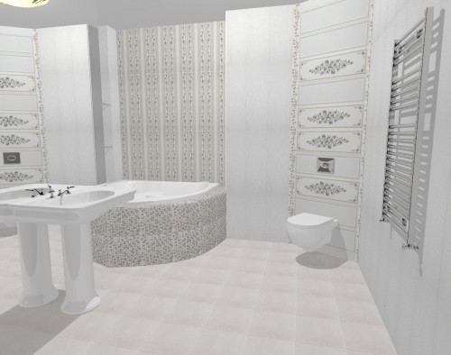 Винтажный стиль в интерьере ванной: серые цветы и мозаика на белом фоне