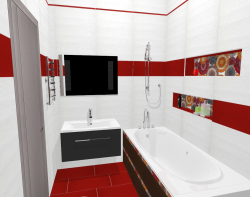 Белая, красная и черная плитка в стильном интерьере ванной комнаты