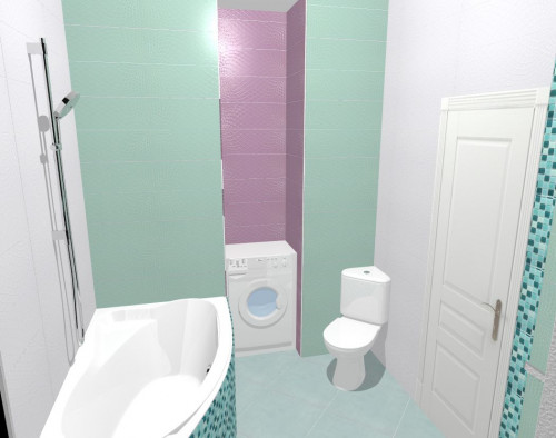 Белый , бирюзовый и фиолетовый: яркое трио в интерьере ванной
