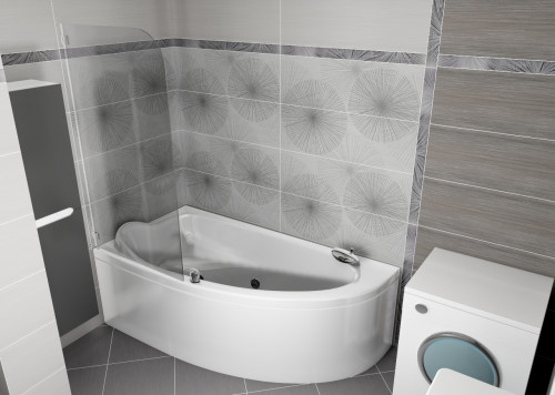 Элегантная серо-белая ванная комната с плиткой «под дерево»