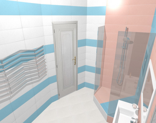 Идея интерьера ванной для влюбленных: сочетание белого, голубого и кораллового оттенков