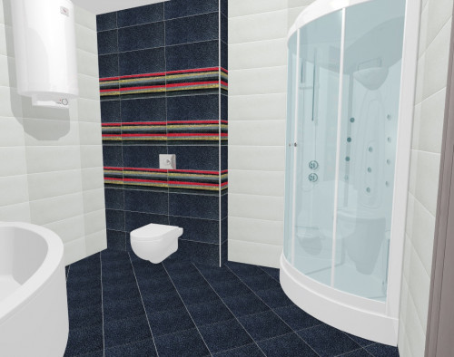 Интерьер ванной: яркие полосы и стильное панно на сине-белом фоне