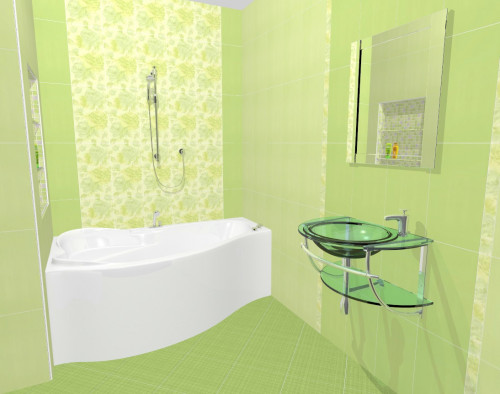 Летнее настроение: интерьер желто-зеленой ванной комнаты с цветочным декором
