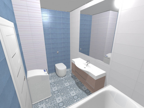 Минимализм в ванной: дуэт серебристо-голубого и белого цвета