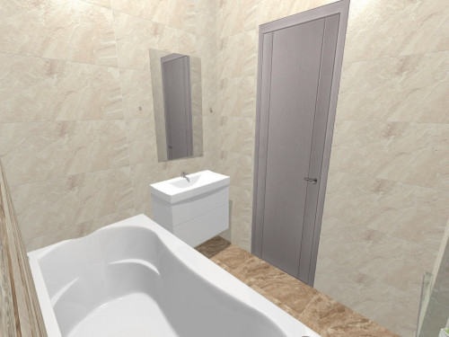 Серый и бежевый в ванной комнате: союз полоска и рисунка под мрамор