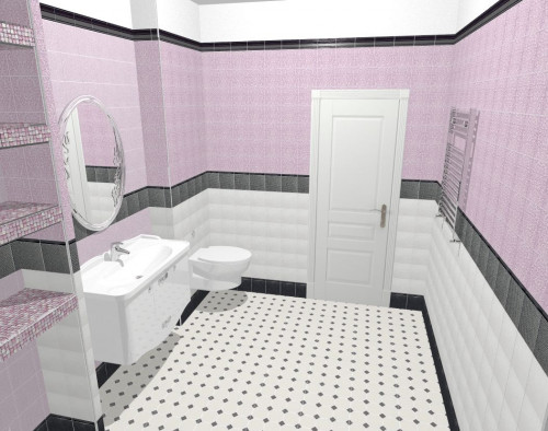 Стиль ар деко в ванной: розовый с белым и серо-черной отделкой