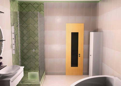 Актуальный интерьер ванной комнаты: розовый и зеленый