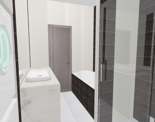 Черно-белый интерьер в узкой ванной комнате