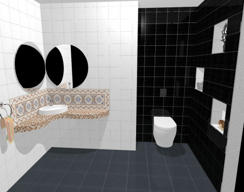 Черный и белый с орнаментом: оригинальная ванная в современном стиле