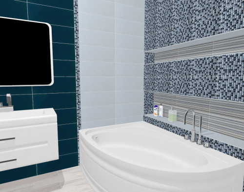 Элегантное трио в интерьере ванной: темно-синий, светло-серый и мозаика