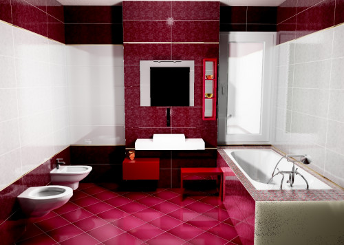 Интерьер ванной в стиле минимализм: дуэт белого и бордо