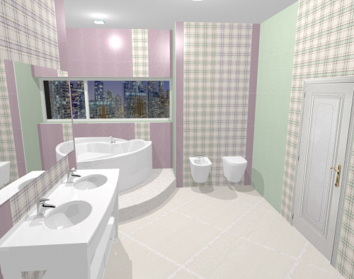 Клетка и фиолетово-зеленая пастель: ванная в современном стиле