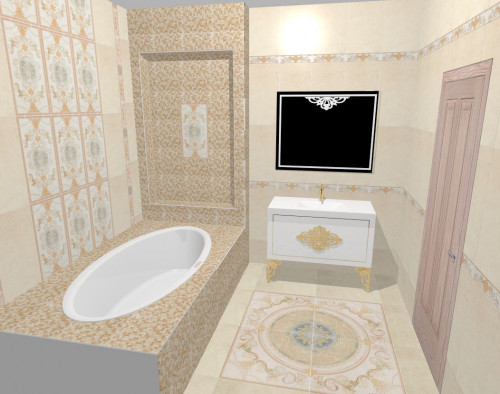 Мозаика и орнаменты в персиковых и серых тонах: пышная ванная
