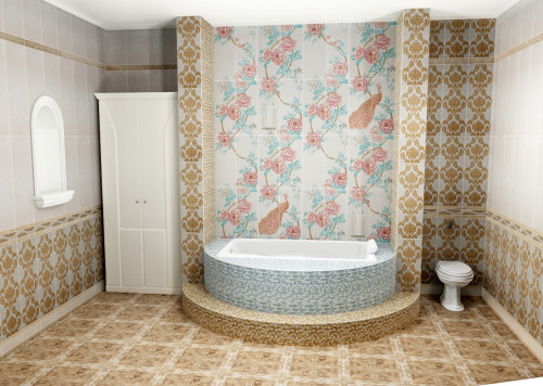 Просторная ванная в дворцовом стиле: беж, голубая мозаика и павлины в декоре