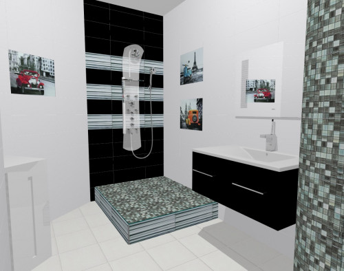 Ретро-стиль: черно-белая ванная с яркими декорами автомобильной тематики