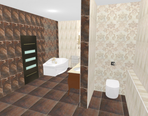 Современный вариант дворцового стиля в ванной: коричневый + молочный + орнамент