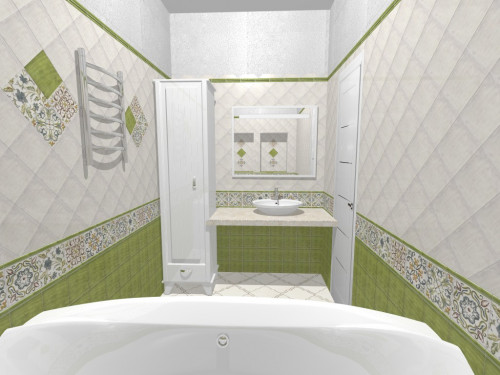 Винтаж и кантри: просторная ванная в бело-зеленых тонах с цветочным декором