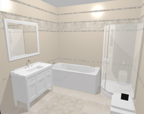 Бежевая ванная с декоративными полосами и мозаикой