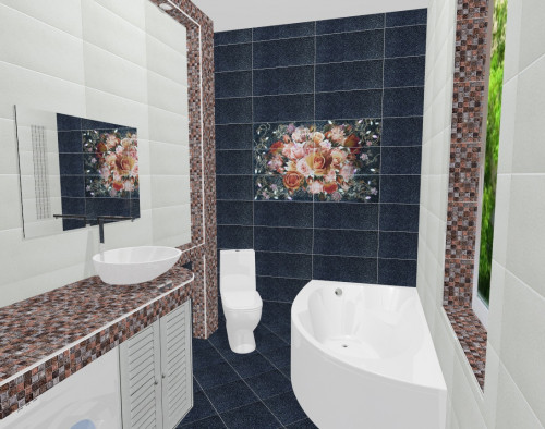 Черно-белое сочетание и цветочное панно: роскошная ванная комната