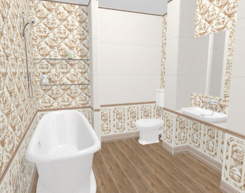 Дизайн ванной в винтажном стиле: бежевые цветы и рельефные бордюры