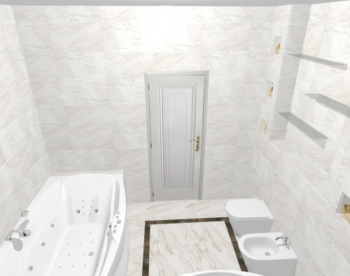 Дуэт перламутровой бежевой мозаики и белого мрамора в ванной