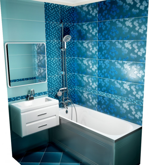 Интерьер узкой ванной комнаты: неоновый синий и голубой