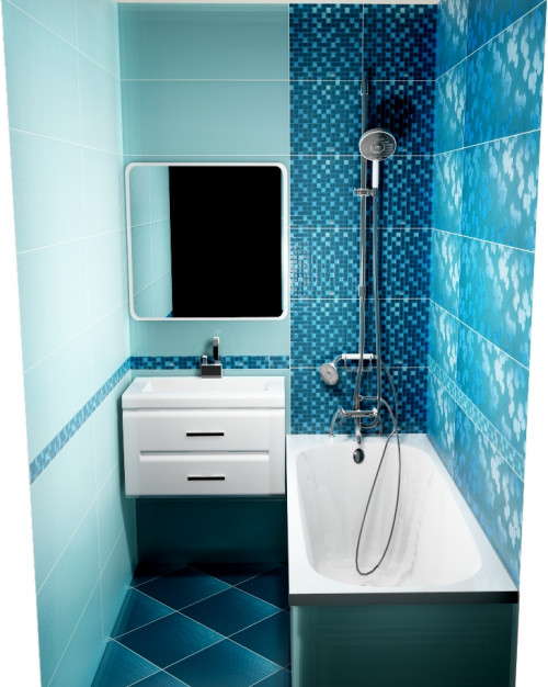 Интерьер узкой ванной комнаты: неоновый синий и голубой