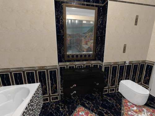 Современная версия дворцового стиля: кафель под черный и белый мрамор в ванной