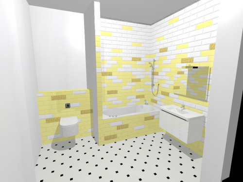 Стильная светлая ванная: белый и желтый с медовой мозаикой
