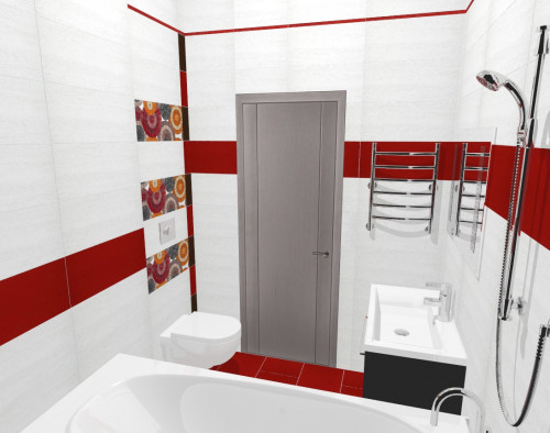 Белая, красная и черная плитка в стильном интерьере ванной комнаты