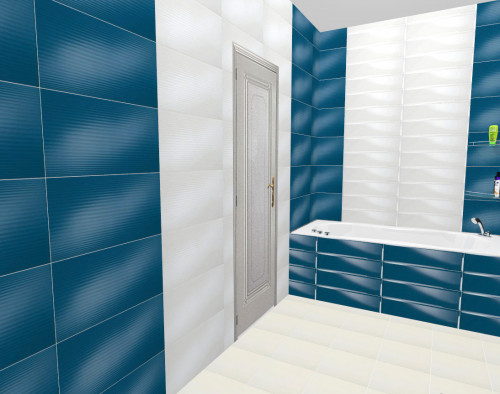Дизайн просторной бело-синей ванной