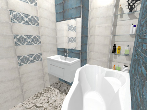 Дуэт белого и серо-синего: зонирование цветом в интерьере ванной