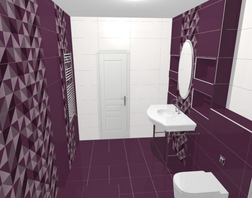 Гламурный стиль в ванной: фиолетовый и белоснежный с геометрическими узорами